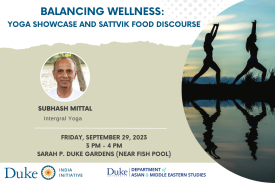 Flyer of the event with the event title, date, time, location, speaker name. Image of the speaker and the picture of 2 people doing yoga at lake. The logos of departments